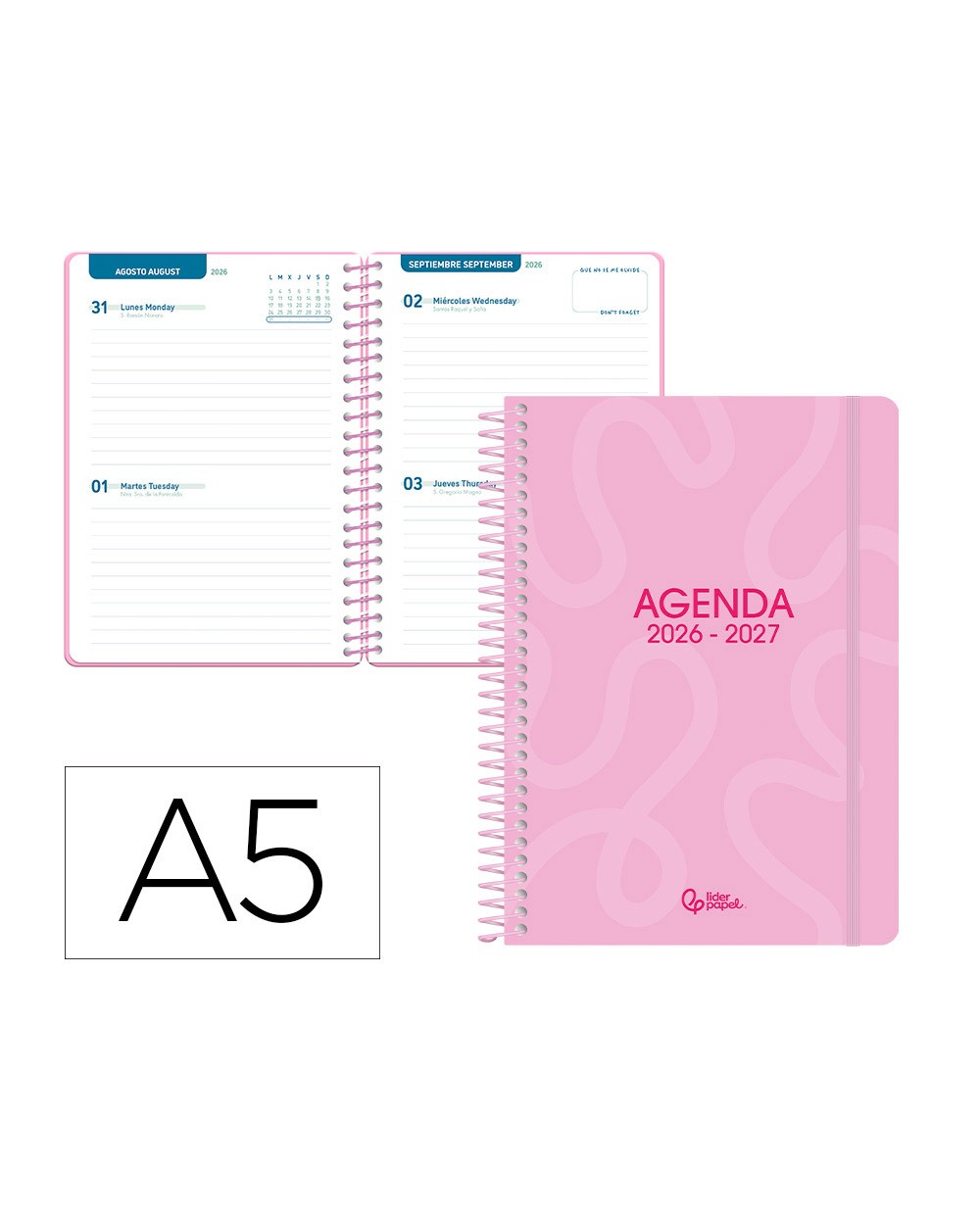 Agenda escolar liderpapel 26 27 espiral classic 2 dias pagina a5 bilingue 70g papel fsc rosa