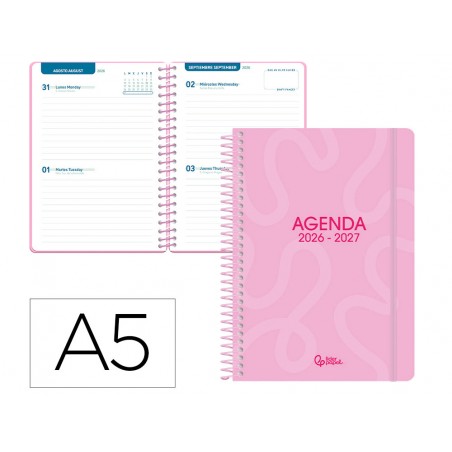 Agenda escolar liderpapel 26 27 espiral classic 2 dias pagina a5 bilingue 70g papel fsc rosa