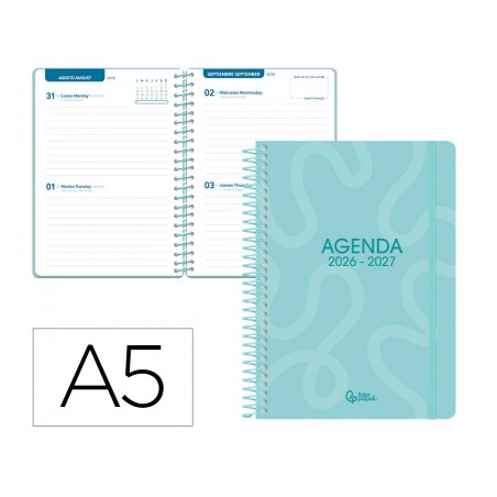 Agenda escolar liderpapel 26 27 espiral classic 2 dias pagina a5 bilingue 70g papel fsc azul turquesa
