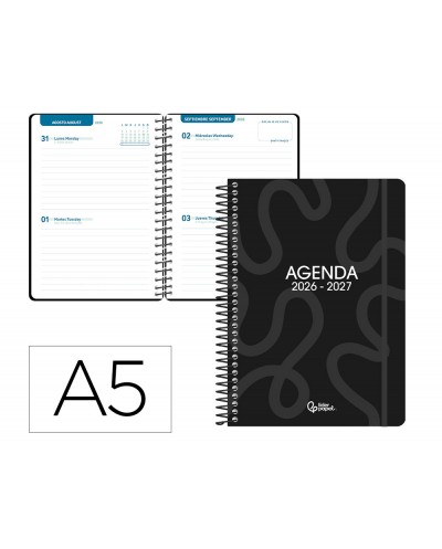 Agenda escolar liderpapel 26 27 espiral classic 2 dias pagina a5 bilingue 70g papel fsc negro