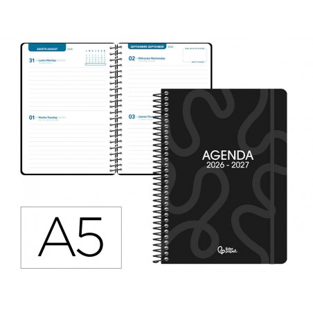 Agenda escolar liderpapel 26 27 espiral classic 2 dias pagina a5 bilingue 70g papel fsc negro