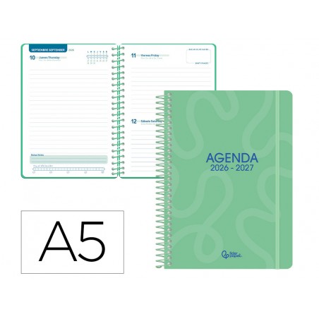 Agenda escolar liderpapel 26 27 espiral classic dia pagina a5 bilingue 70g papel fsc verde