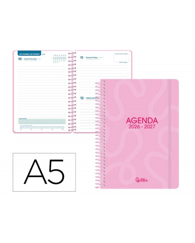 Agenda escolar liderpapel 26 27 espiral classic dia pagina a5 bilingue 70g papel fsc rosa