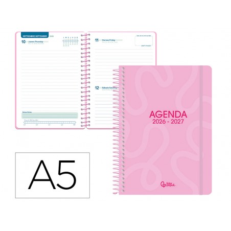 Agenda escolar liderpapel 26 27 espiral classic dia pagina a5 bilingue 70g papel fsc rosa