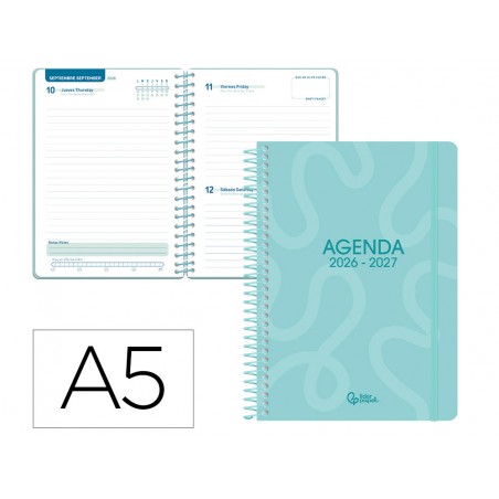 Agenda escolar liderpapel 26 27 espiral classic dia pagina a5 bilingue 70g papel fsc azul turquesa