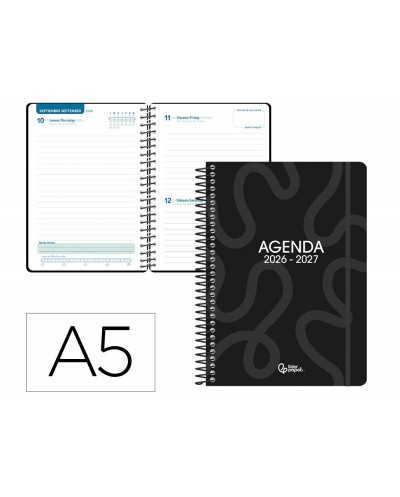 Agenda escolar liderpapel 26 27 espiral classic dia pagina a5 bilingue 70g papel fsc negro