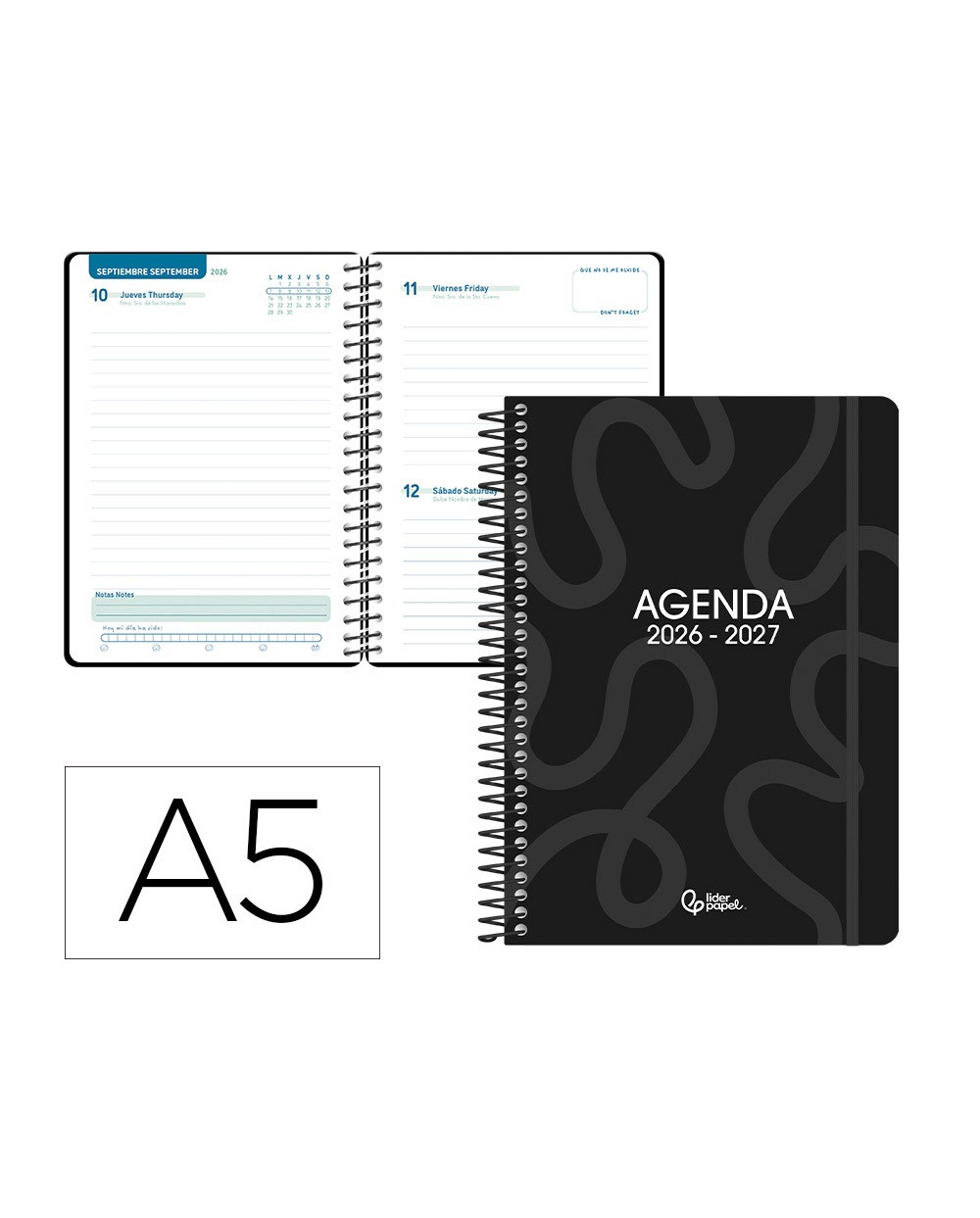 Agenda escolar liderpapel 26 27 espiral classic dia pagina a5 bilingue 70g papel fsc negro