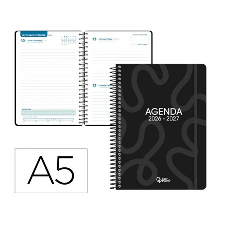 Agenda escolar liderpapel 26 27 espiral classic dia pagina a5 bilingue 70g papel fsc negro