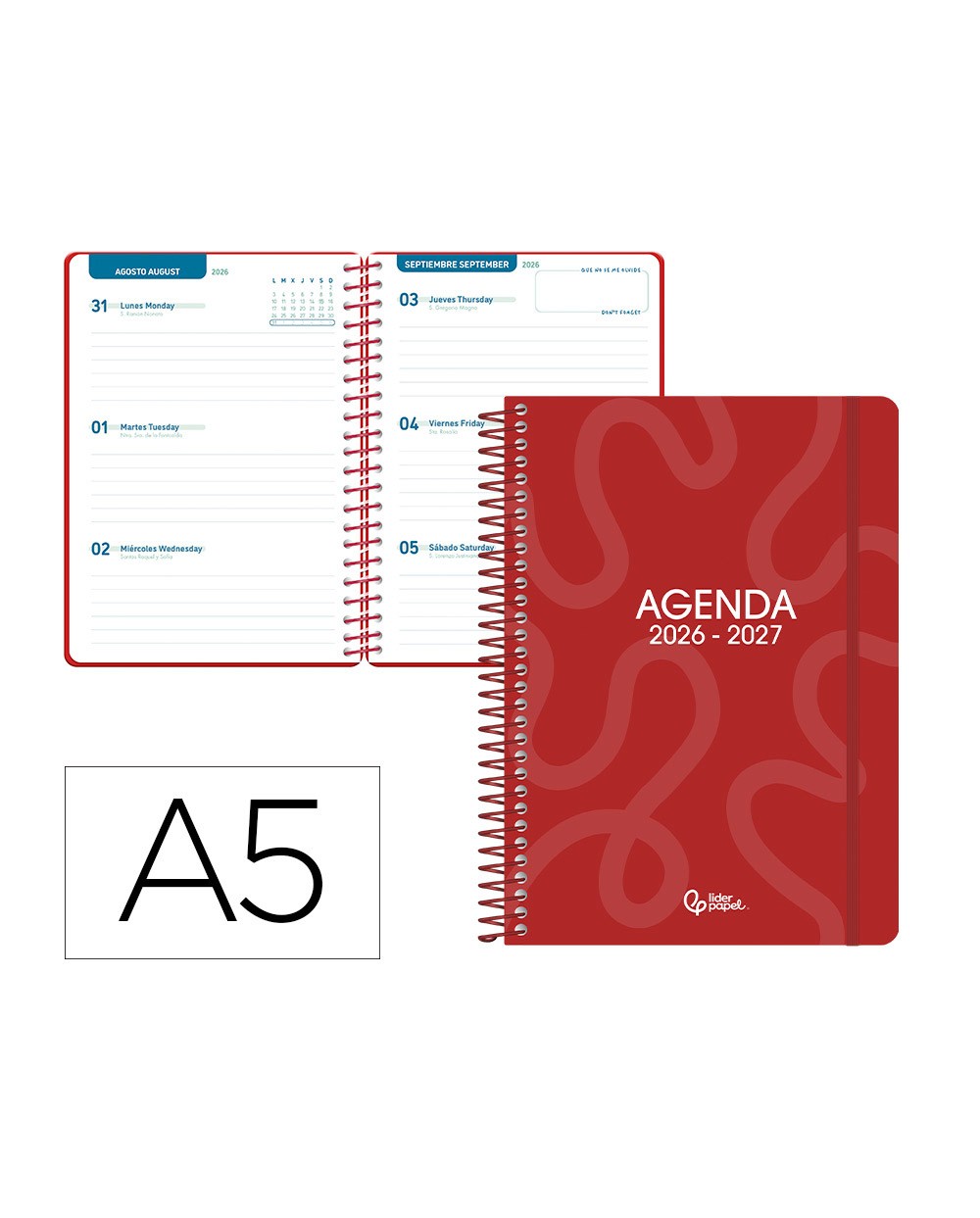 Agenda escolar liderpapel 26 27 espiral classic semana vista a5 bilingue 70g papel fsc color1