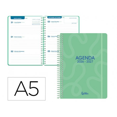 Agenda escolar liderpapel 26 27 espiral classic semana vista a5 bilingue 70g papel fsc verde