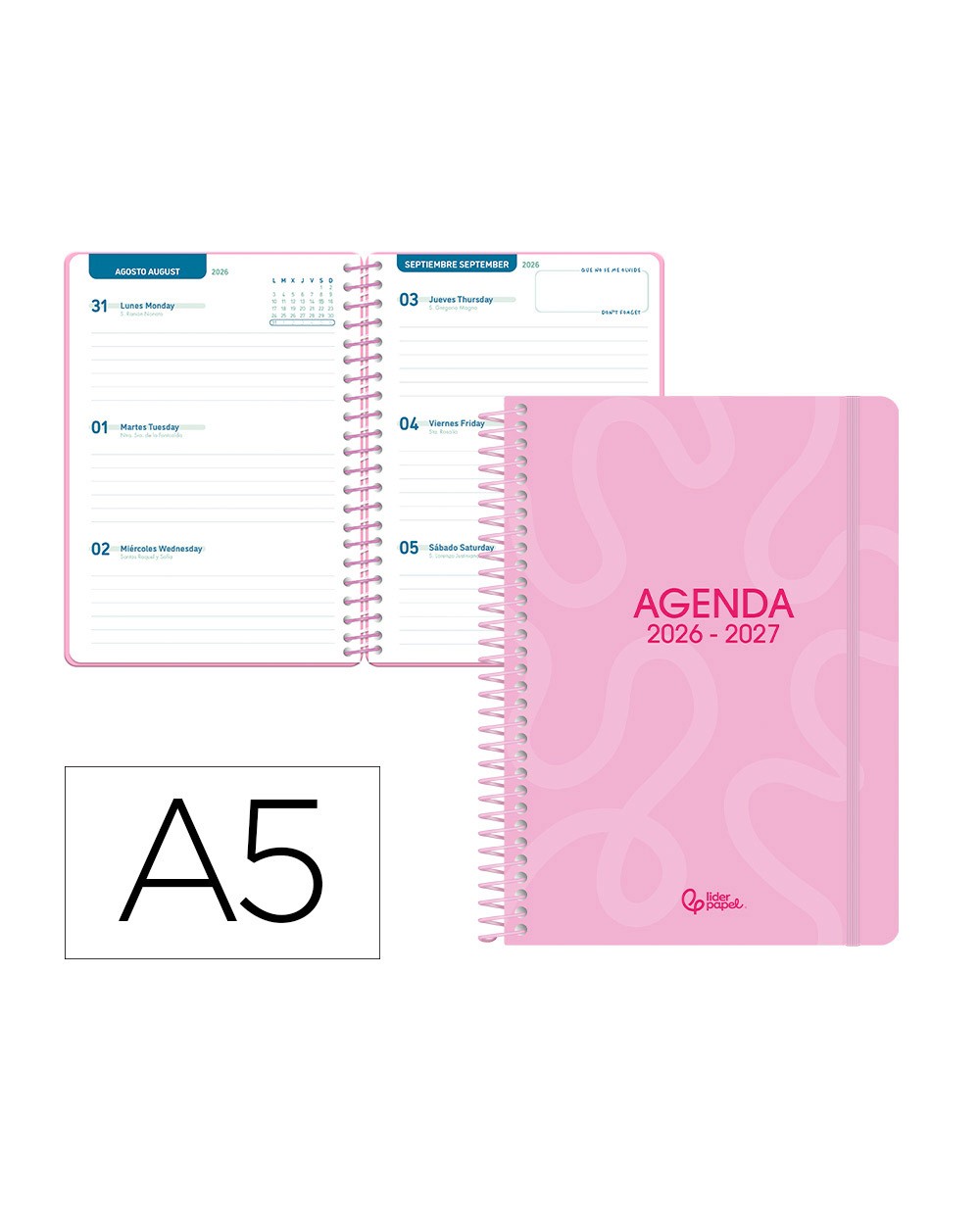 Agenda escolar liderpapel 26 27 espiral classic semana vista a5 bilingue 70g papel fsc rosa