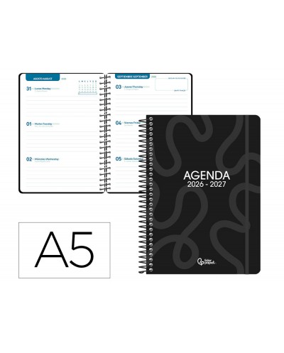 Agenda escolar liderpapel 26 27 espiral classic semana vista a5 bilingue 70g papel fsc negro
