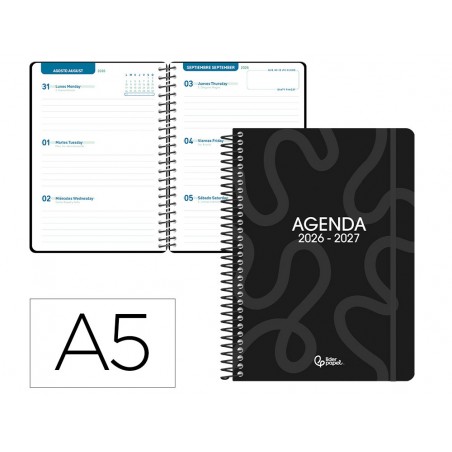 Agenda escolar liderpapel 26 27 espiral classic semana vista a5 bilingue 70g papel fsc negro