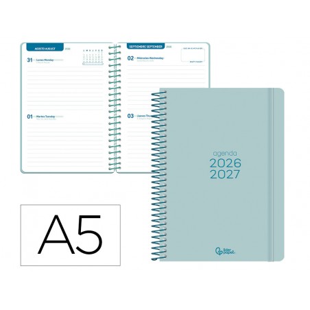 Agenda escolar liderpapel 26 27 espiral basic 2 dias pagina a5 bilingue 70g papel fsc morado