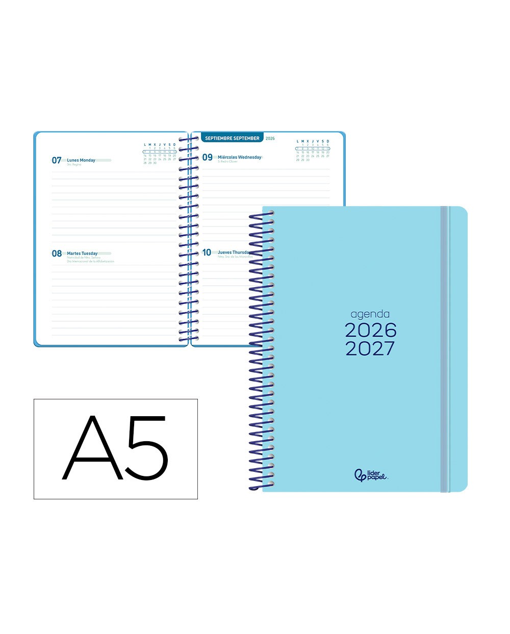 Agenda escolar liderpapel 26 27 espiral basic 2 dias pagina a5 bilingue 70g papel fsc azul turquesa