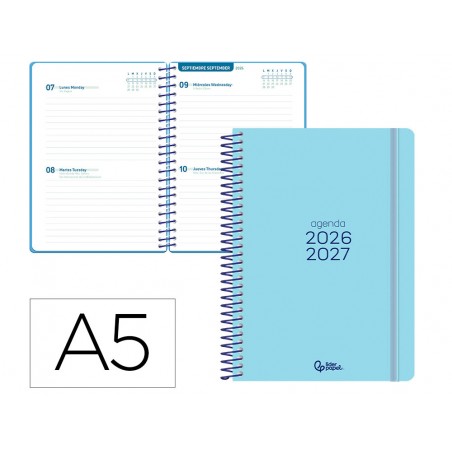 Agenda escolar liderpapel 26 27 espiral basic 2 dias pagina a5 bilingue 70g papel fsc azul turquesa