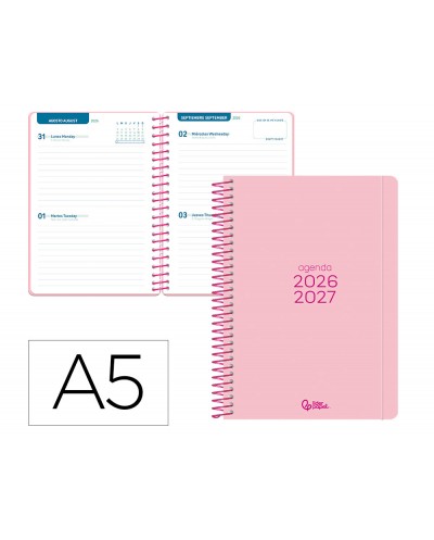 Agenda escolar liderpapel 26 27 espiral basic 2 dias pagina a5 bilingue 70g papel fsc rosa