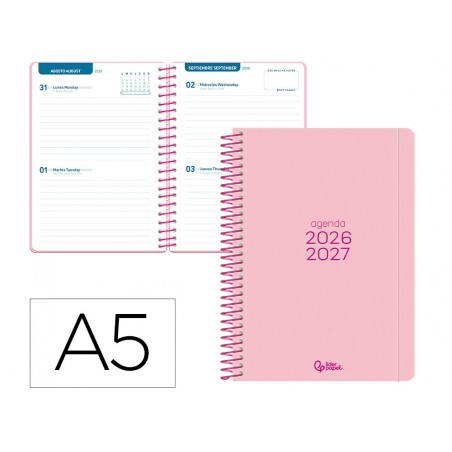 Agenda escolar liderpapel 26 27 espiral basic 2 dias pagina a5 bilingue 70g papel fsc rosa