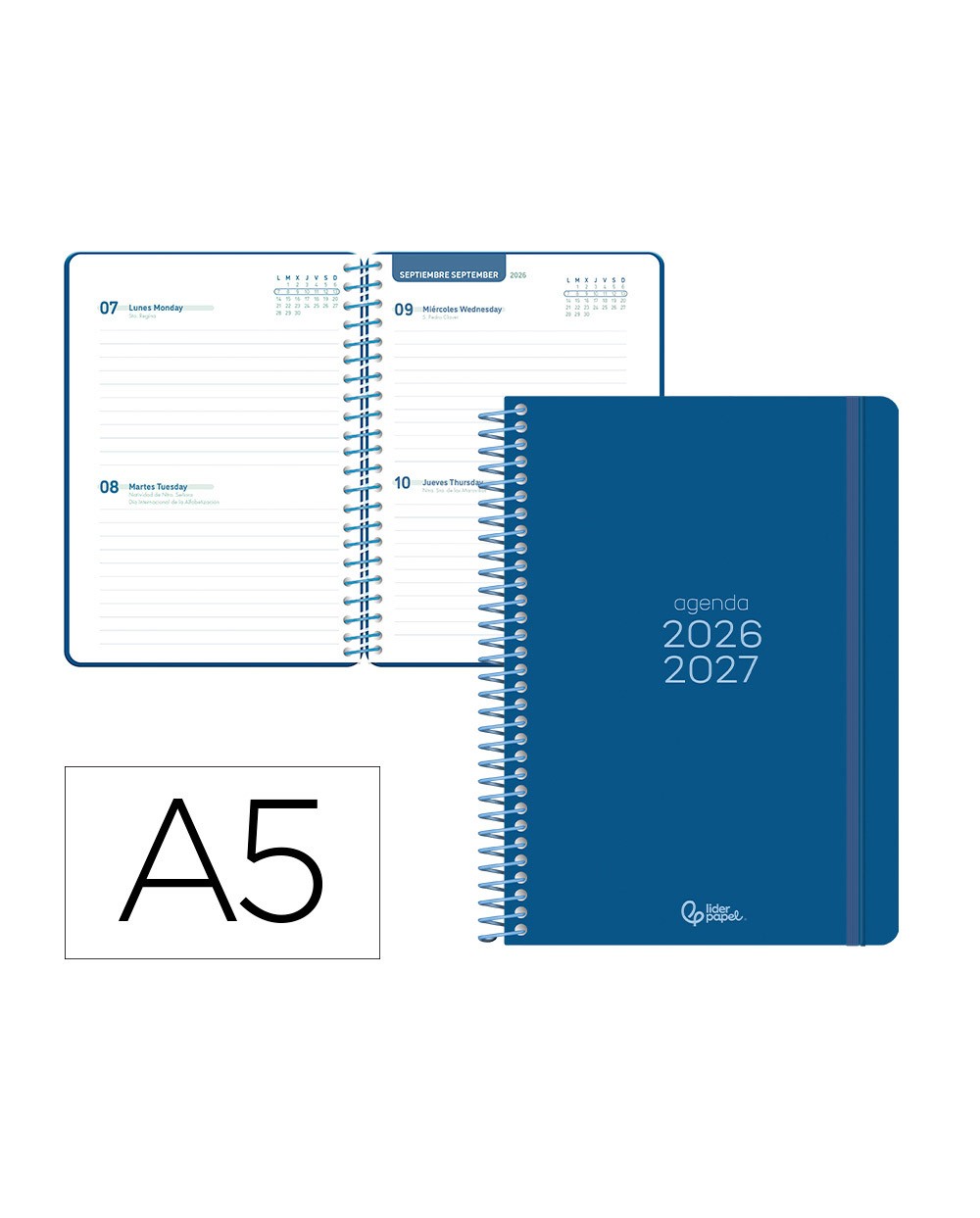 Agenda escolar liderpapel 26 27 espiral basic 2 dias pagina a5 bilingue 70g papel fsc azul marino