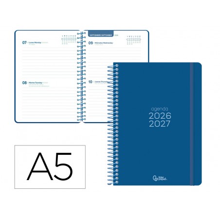 Agenda escolar liderpapel 26 27 espiral basic 2 dias pagina a5 bilingue 70g papel fsc azul marino