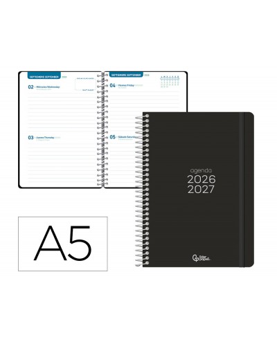 Agenda escolar liderpapel 26 27 espiral basic 2 dias pagina a5 bilingue 70g papel fsc negro