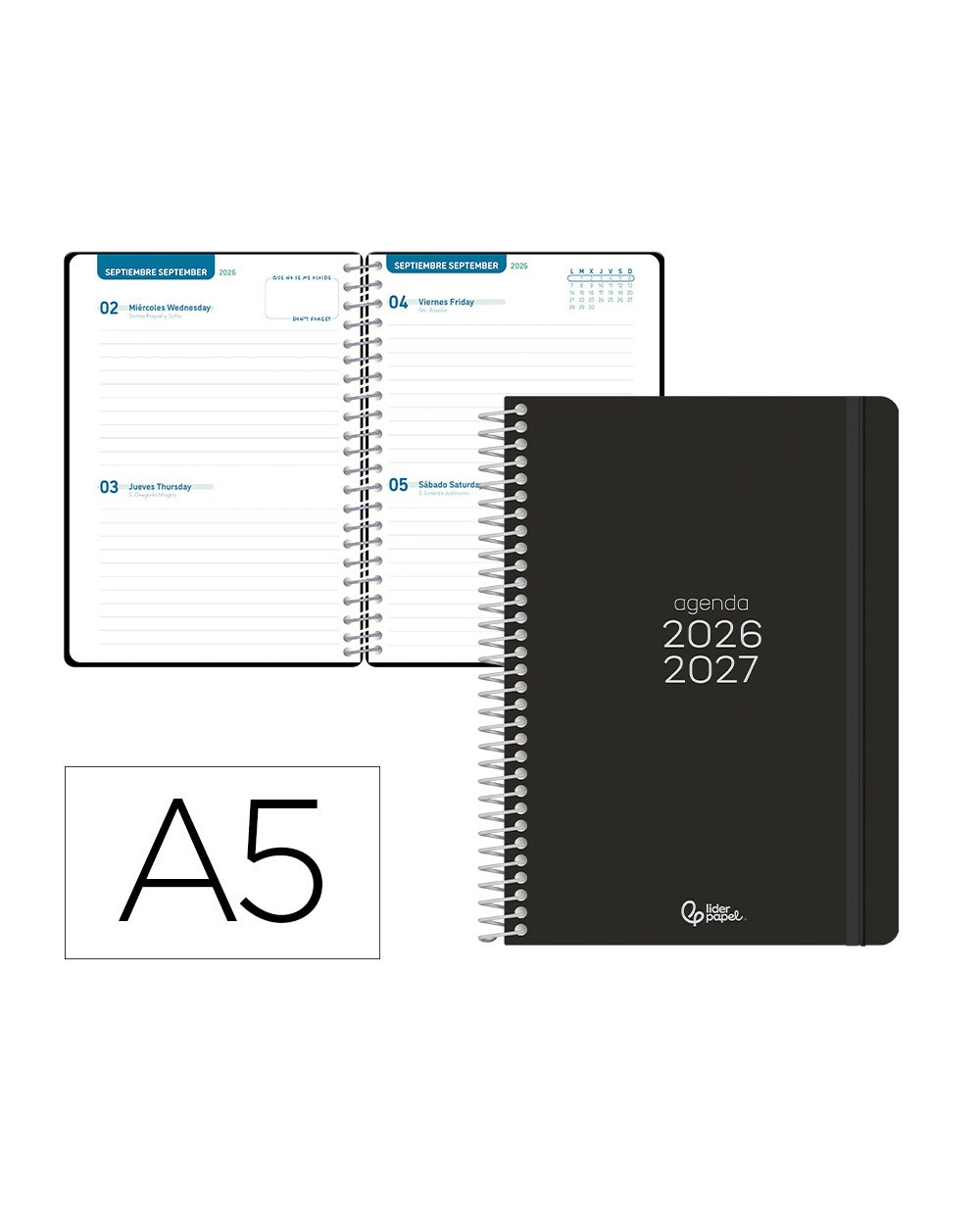 Agenda escolar liderpapel 26 27 espiral basic 2 dias pagina a5 bilingue 70g papel fsc negro