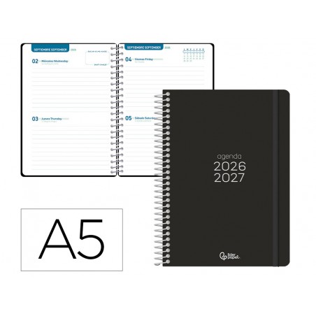 Agenda escolar liderpapel 26 27 espiral basic 2 dias pagina a5 bilingue 70g papel fsc negro