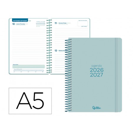 Agenda escolar liderpapel 26 27 espiral basic dia pagina a5 bilingue 70g papel fsc morado
