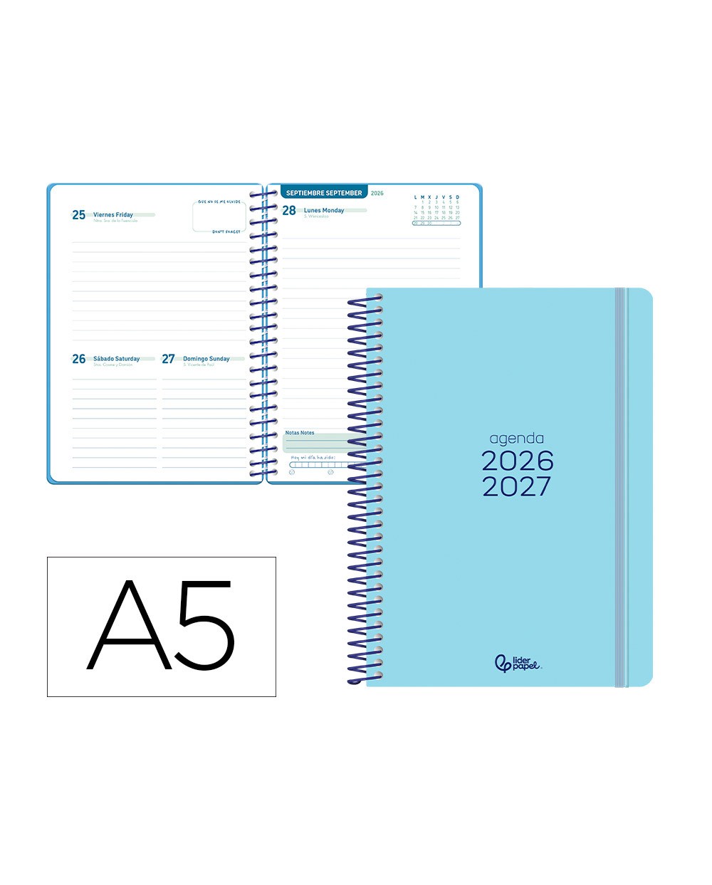 Agenda escolar liderpapel 26 27 espiral basic dia pagina a5 bilingue 70g papel fsc azul turquesa