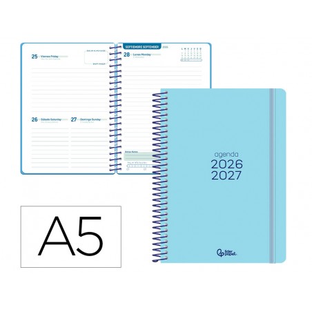 Agenda escolar liderpapel 26 27 espiral basic dia pagina a5 bilingue 70g papel fsc azul turquesa