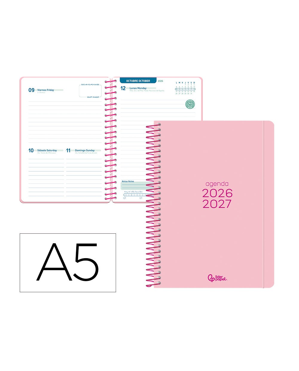 Agenda escolar liderpapel 26 27 espiral basic dia pagina a5 bilingue 70g papel fsc rosa