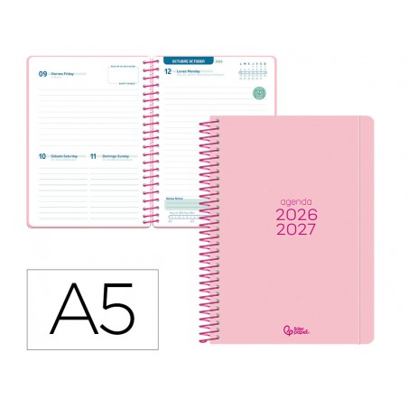 Agenda escolar liderpapel 26 27 espiral basic dia pagina a5 bilingue 70g papel fsc rosa
