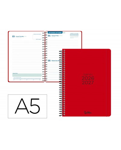 Agenda escolar liderpapel 26 27 espiral basic dia pagina a5 bilingue 70g papel fsc rojo
