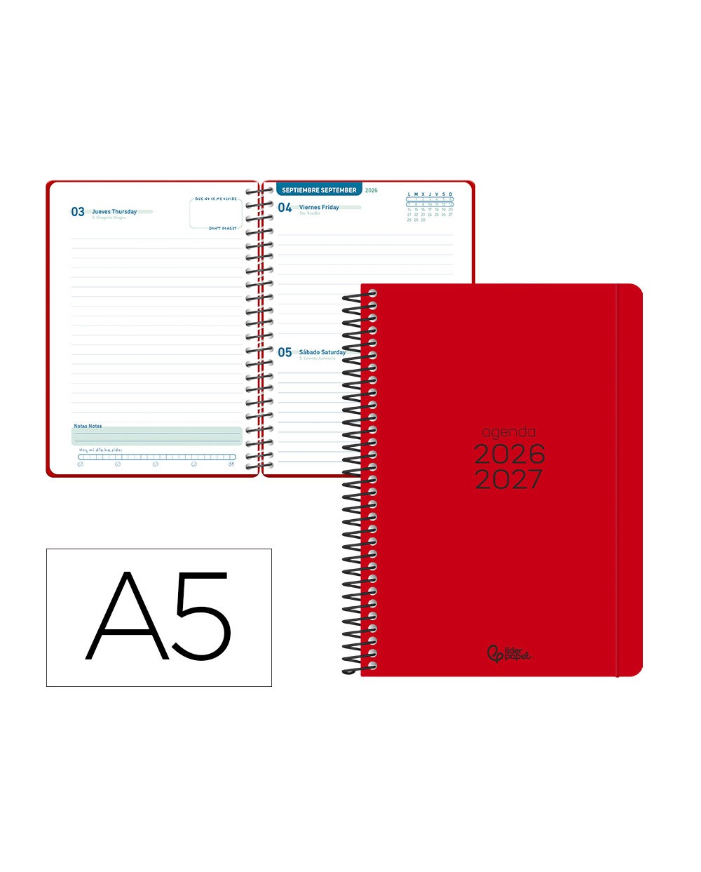 Agenda escolar liderpapel 26 27 espiral basic dia pagina a5 bilingue 70g papel fsc rojo