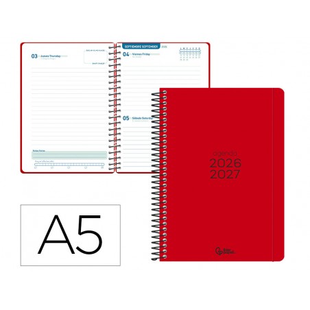 Agenda escolar liderpapel 26 27 espiral basic dia pagina a5 bilingue 70g papel fsc rojo