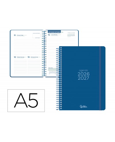 Agenda escolar liderpapel 26 27 espiral basic dia pagina a5 bilingue 70g papel fsc azul marino