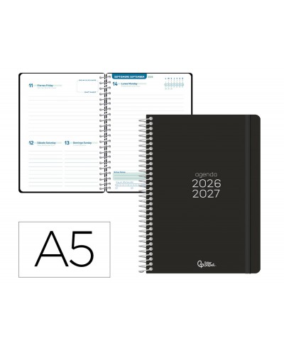 Agenda escolar liderpapel 26 27 espiral basic dia pagina a5 bilingue 70g papel fsc negro