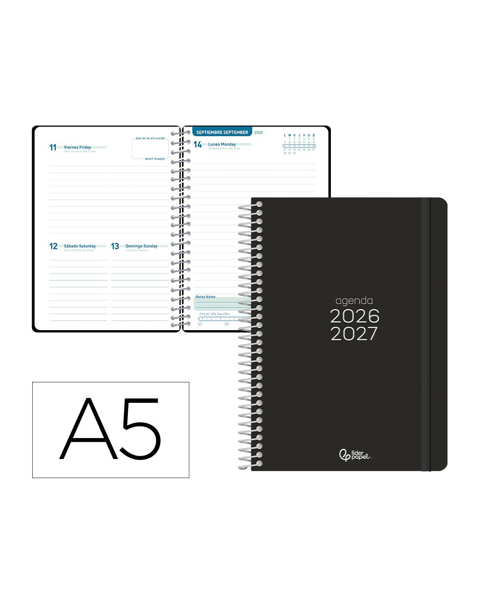 Agenda escolar liderpapel 26 27 espiral basic dia pagina a5 bilingue 70g papel fsc negro