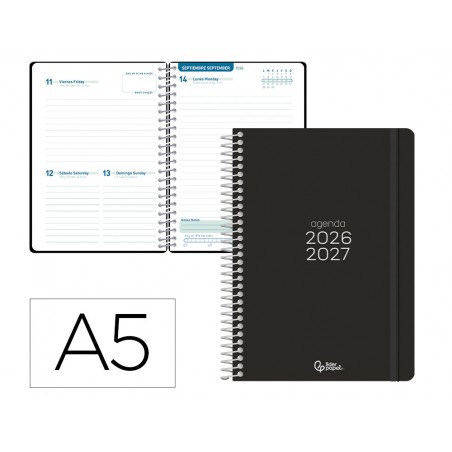 Agenda escolar liderpapel 26 27 espiral basic dia pagina a5 bilingue 70g papel fsc negro