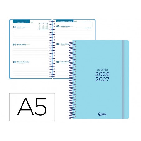 Agenda escolar liderpapel 26 27 espiral basic semana vista a5 bilingue 70g papel fsc azul turquesa