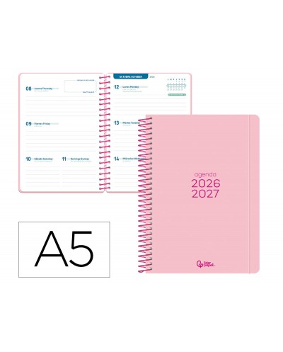 Agenda escolar liderpapel 26 27 espiral basic semana vista a5 bilingue 70g papel fsc rosa