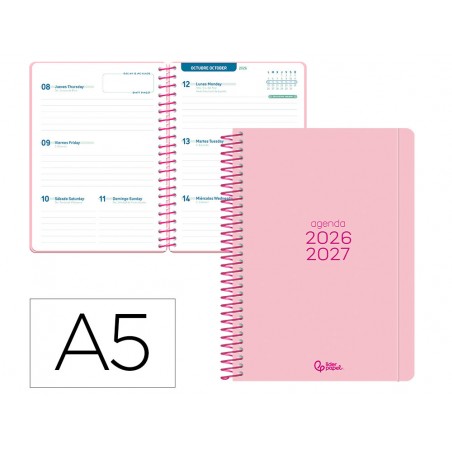 Agenda escolar liderpapel 26 27 espiral basic semana vista a5 bilingue 70g papel fsc rosa