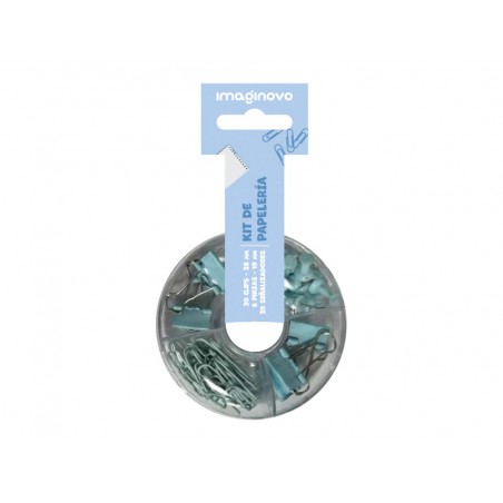 Set de papeleria imaginovo con clips 28mm pinzas 19mm y chinchetas azul