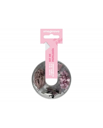 Set de papeleria imaginovo con clips 28mm pinzas 19mm y chinchetas rosa
