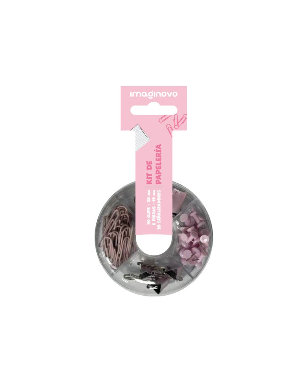 Set de papeleria imaginovo con clips 28mm pinzas 19mm y chinchetas rosa