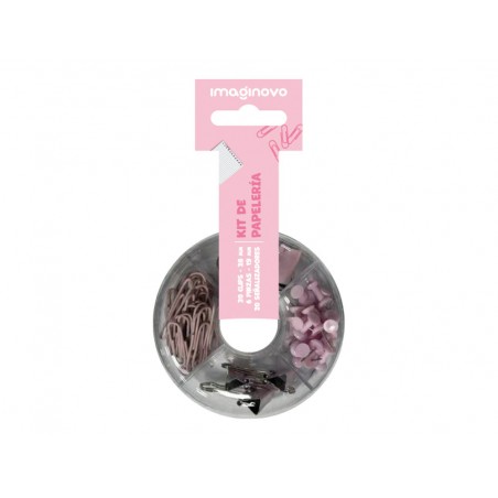 Set de papeleria imaginovo con clips 28mm pinzas 19mm y chinchetas rosa