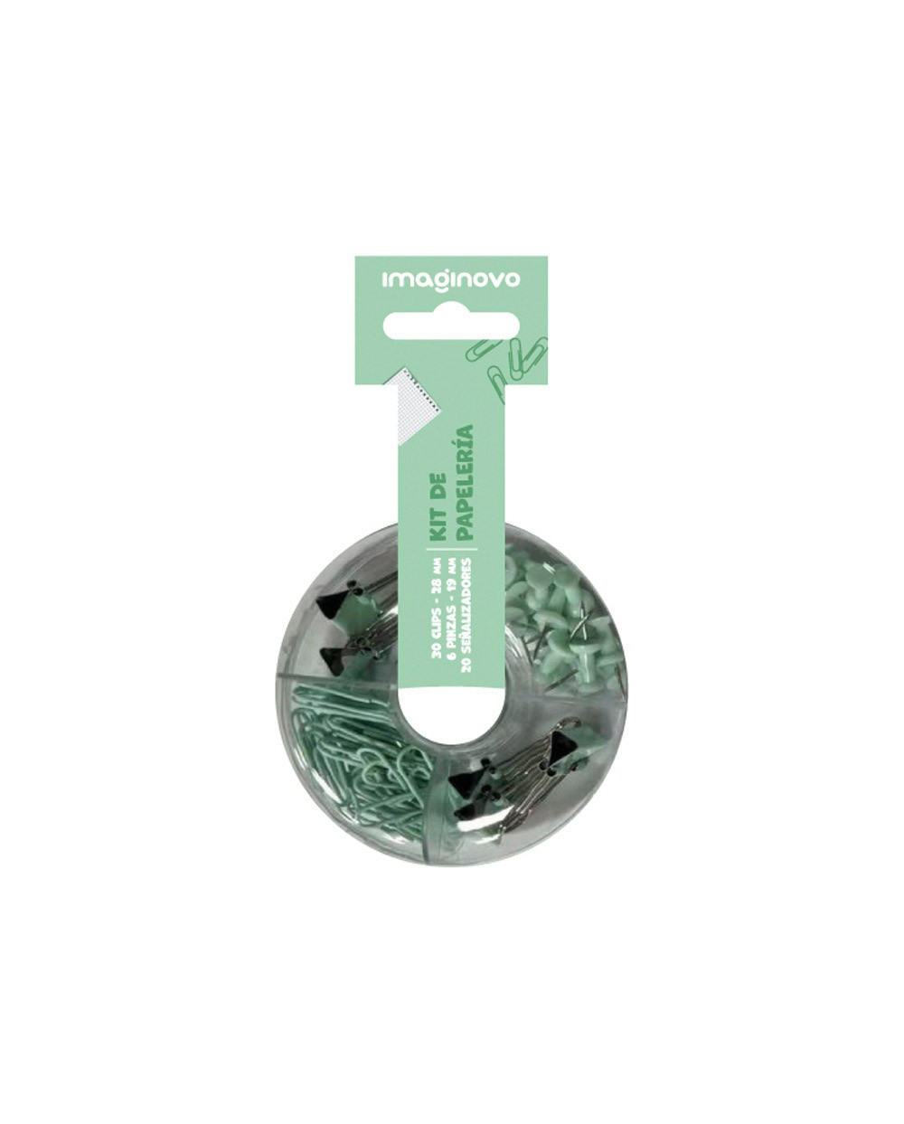 Set de papeleria imaginovo con clips 28mm pinzas 19mm y chinchetas verde