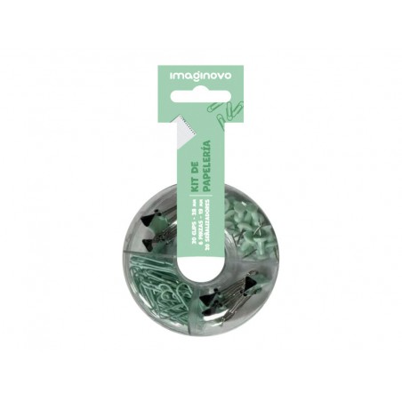 Set de papeleria imaginovo con clips 28mm pinzas 19mm y chinchetas verde