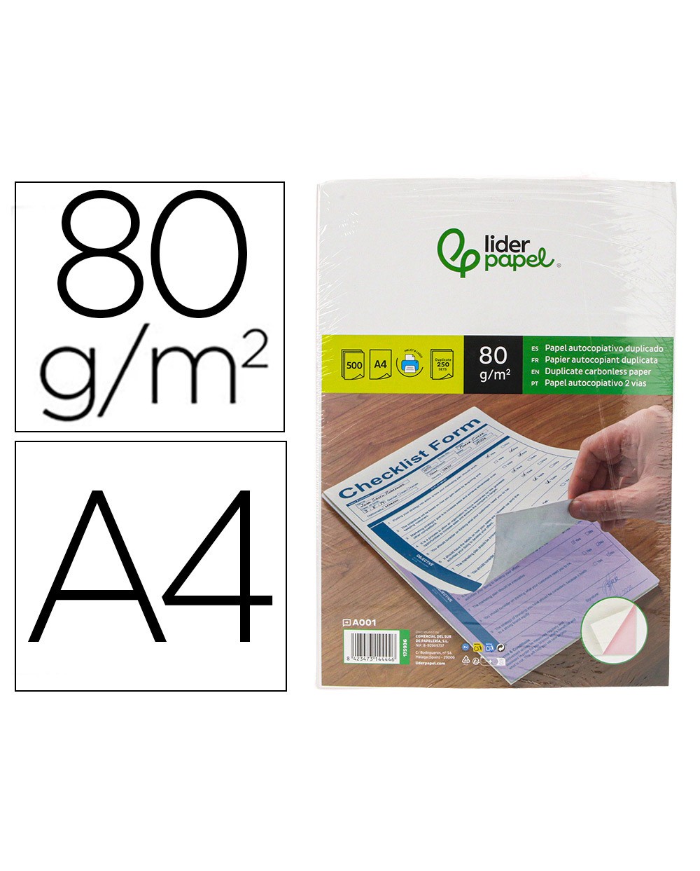 Papel autocopiativo liderpapel a4 prealzado duplicado blanco y rosa 80 g 500 hojas 250 juegos