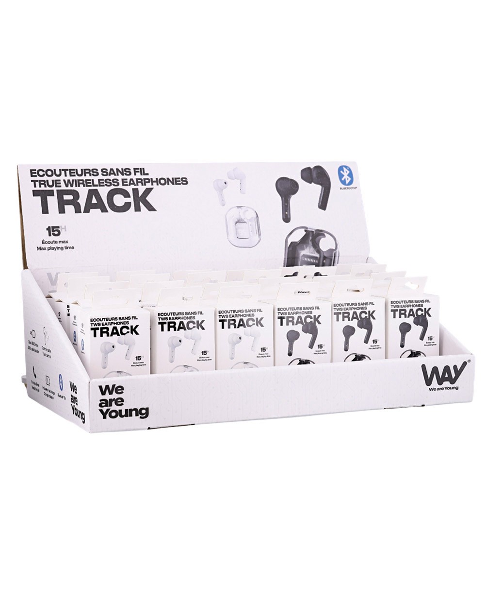 Auriculares track tws con estuche de carga expositor de 12 unidades blanco 12 color negro